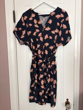 Ann Taylor Factory Navy Midi Dress with Pink Floral Print and Self-Tie Waist